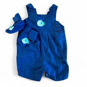 Vintage Bright Future Blue fish overalls with matching booties for baby boy